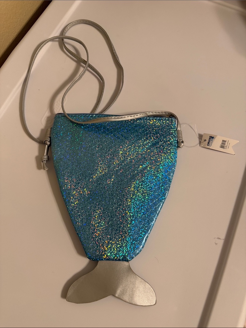 Iridescent Blue Mermaid Tail Crossbody Bag with Silver Strap